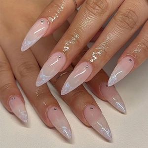 Eleganti Unghie a Pressione Forma Mandorla Rosa Nude Aurora con Strass Stile Francese Unghie Finte Lucide per Donna
