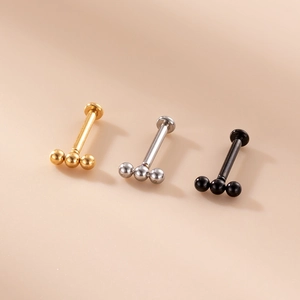 16G stainless steel lip studs in gold, silver and black with triple bead design set