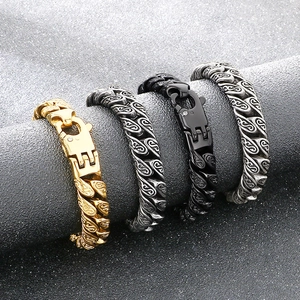 Gourmette Pour Hommes Acier Inoxydable 316L Motif Gravé Style Rétro Punk Hip Hop Bijoux Cadeau Avec Fermoir Mousqueton