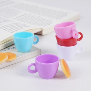 Set of five colorful miniature plastic coffee cups with tiny food models for dollhouses