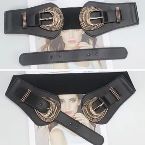 Retro elastic wide black waist belt with double golden horseshoe buckles and rivets
