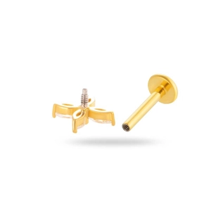 Golden stainless steel flat back labret stud with a clear zircon four-petal flower top