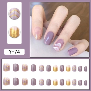 Purple press-on nails with gold glitter and marble patterns, 24pcs oval faux nail set