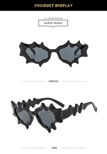 Detail view of avant-garde bat-shaped sunglasses with black irregular spiked frames