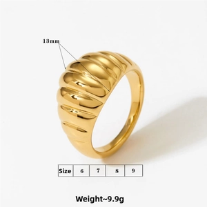 Detail showing 13mm width and 9.9g weight of a gold-plated stainless steel horn-shaped ring