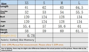Detailed size guide for hooded puffer jacket with measurements in centimeters and fabric info