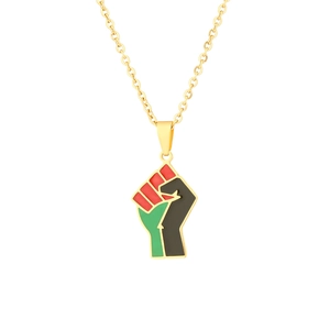 Stainless steel African fist pendant necklace with red black and green enamel finish