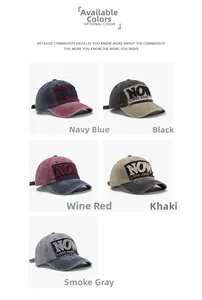 Detail view of five washed denim baseball caps with vintage embroidery and adjustable strap