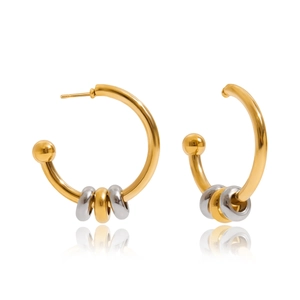 Modern 18K gold and silver two-tone C-shape stainless steel earrings with ball detail