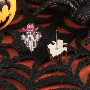 Ghost earrings with pink cowboy hats on spooky spiderweb background for Halloween