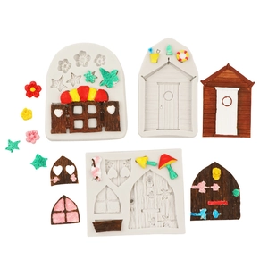 Detailed silicone mold showing fairy house windows, doors, and tiny garden floral shapes