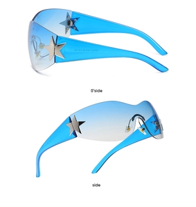 Macro detail of Y2K rimless sunglasses showing silver star accents and temple model E8133
