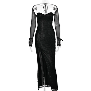 Robe moulante noire à paillettes avec manches longues en mesh et fente latérale haute