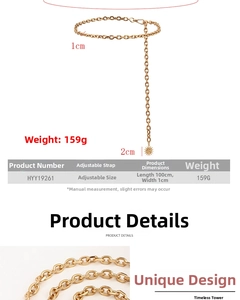 Detail of adjustable gold chain belt with sun pendant and measurements 100cm by 1cm