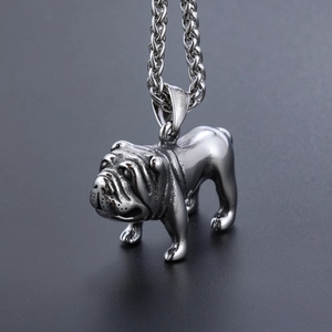 Vintage silver bulldog pendant necklace in stainless steel with 45-degree side view