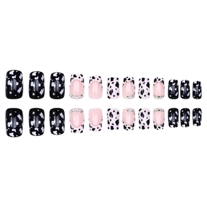 24-piece cow print false nails with sparkling rhinestones and pink French tips