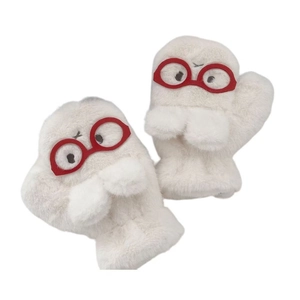 Cute white plush cartoon mittens with red glasses embroidery for winter warmth