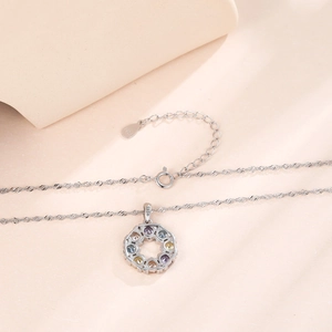 925 silver necklace featuring a rainbow cubic zirconia ring pendant on water wave chain