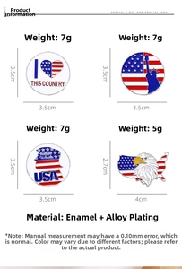 Detail of USA themed enamel pins showing dimensions and alloy plating material