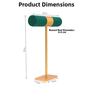 T-bar jewelry display stand with green velvet bar and gold metal frame dimensions