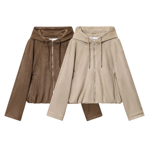 Women Faux Suede Hooded Jacket Zipper Drawstring Pockets Casual Long Sleeve Bomber Outerwear Coat Streetwear Style
