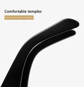 Close-up of ergonomic black glossy sunglasses temples with anti-slip curved tips