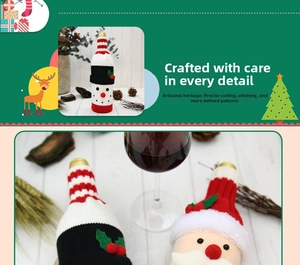 Detail of knitted Christmas wine bottle covers featuring Snowman and Santa Claus designs