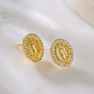 Virgin Mary Stud Earrings 18K Gold Plated Copper Zircon Religious Our Lady Of Guadalupe Retro Jewelry For Women