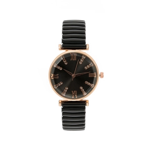 Elegant women's quartz watch with black textured strap and rose gold rhinestone dial