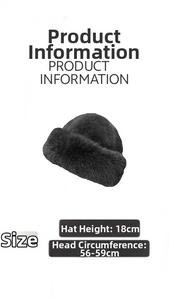 Detail showing plush winter hat measurements: height 18cm and circumference 56-59cm