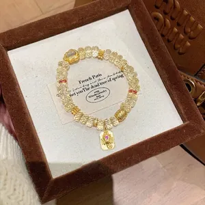 Bracelet rétro perlé gourde en zircon avec pendentif Ganesh et pierre rose sertie