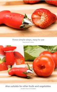 Detail showing the stainless steel claws removing stems from fresh strawberries and tomatoes