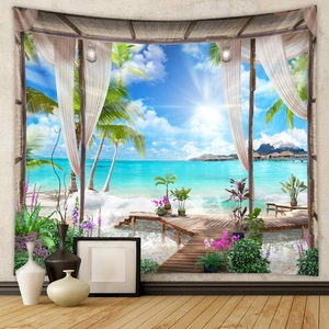 Tropical sea view tapestry featuring palm trees and beach scenery for room wall decor