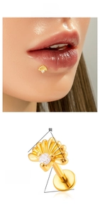 Macro detail of shell-shaped stud with cubic zirconia and 8mm flat back titanium labret