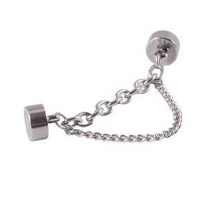 Silver stainless steel magnetic nose ring with chain connection on white background