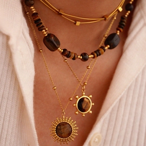 Vintage Tiger Eye Stone Stainless Steel 14K Gold Plated Sun Pendant Necklace Bohemian Style Jewelry For Women Elegant