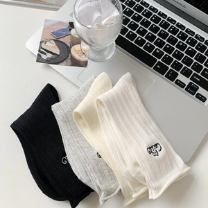 Vertical ribbed cotton mid-calf socks for women featuring cute cat embroidery in three colors