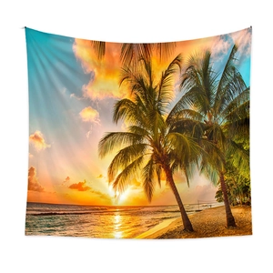 Détail de la tapisserie bohème avec coucher de soleil sur plage tropicale et palmiers