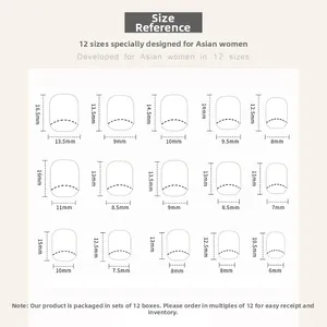 Detailed size chart for press-on nails showing 15 different dimensions in millimeters