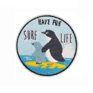 Cartoon penguin surf embroidery patch with Have Fun Life text for clothes DIY