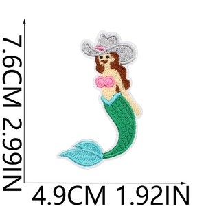 Detailed embroidery patch showing a mermaid with cowboy hat including exact size markings