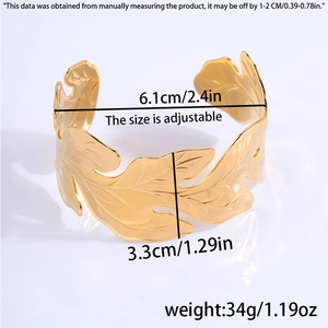 Detail of adjustable hollow leaf cuff bracelet in gold stainless steel with measurements