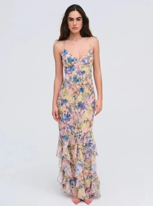 Detail showing the floral pattern and layered ruffle hem of this sweet long camisole dress