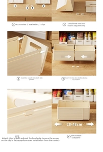Detail showing step-by-step assembly of the adjustable 28-48cm kitchen organizer box