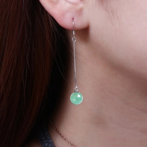 Elegant long S925 silver thread earrings with a pale green round aventurine gemstone bead