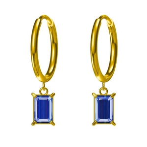 Elegant gold hoop earrings featuring rectangular deep blue zircon pendants on white background