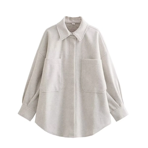 Oversized grey felted wool shacket with large pockets in a minimalist flat lay view