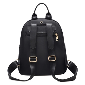 Back view of black oxford fabric backpack with adjustable straps and anti-theft zipper pocket