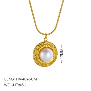 Vintage gold plated stainless steel necklace with geometric pearl medallion pendant
