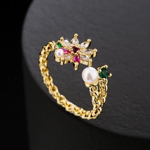 Irregular 18K gold geometric open ring with floral zircon and pearl setting
